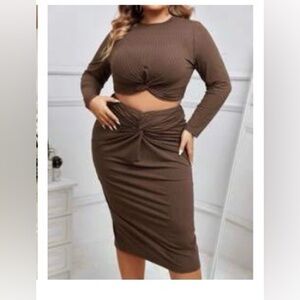 SHEIN curve Brown Knotted Long Sleeve top & Pencil Skirt set